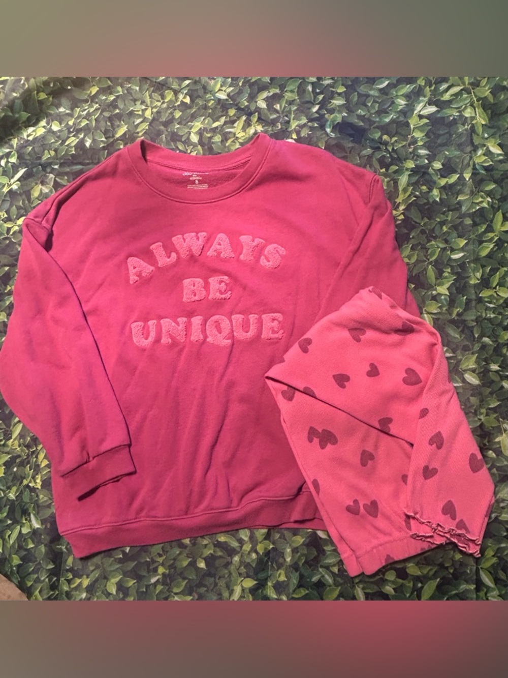 Kids Pink "Always Be Unique" Matching Sweatshirt & Heart Print Pants Set